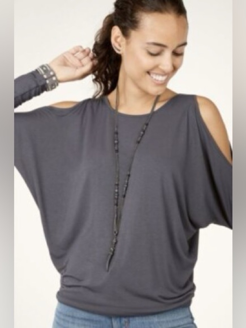 Stella & Dot Maette Mia Cold Shoulder Knit Top Grey Size Large